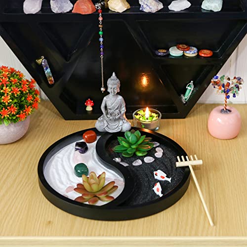 Buddha Meditation Zen Garden Kit - Home Office Tabletop Taiji Yin Yang Sand Garden Altar Zen Decor Zen Gifts DIY Mini Chakra Crystal Quartz Rock Garden w/Nature Healing Stone Rake Tool