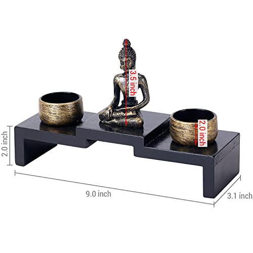 MyGift Mini Sitting Buddha Statue with Candle Holders, Zen Decor, Meditation Tealight Holder, with Small Altar Wood Shelf Base