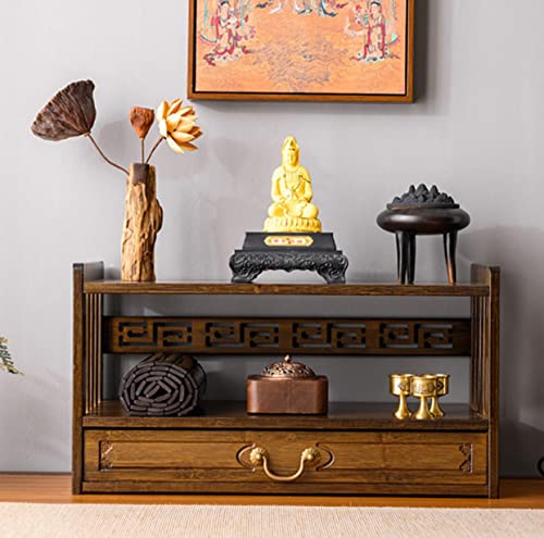 Altar Table with Drawer,Puja Table for Home,Perfect Used for Meditation, Prayers, Divination, Witchcraft, Bamboo Furniture for Displaying Jars, Plants and Books (Walnut Color, 20.4x9.8x11 in)