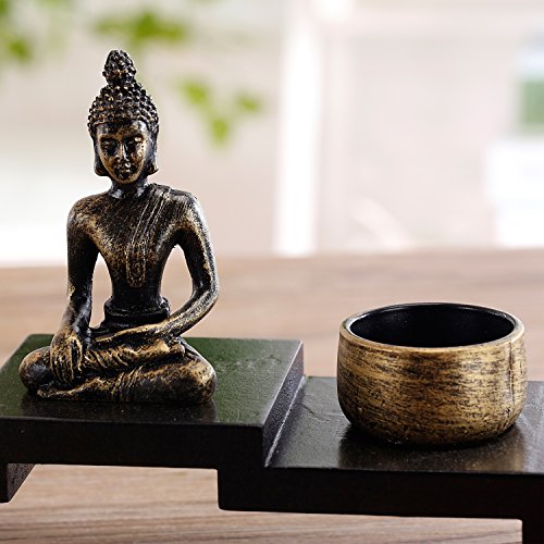 MyGift Mini Sitting Buddha Statue with Candle Holders, Zen Decor, Meditation Tealight Holder, with Small Altar Wood Shelf Base