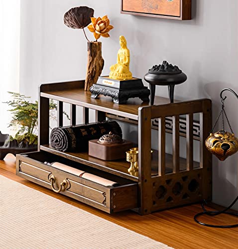 Altar Table with Drawer,Puja Table for Home,Perfect Used for Meditation, Prayers, Divination, Witchcraft, Bamboo Furniture for Displaying Jars, Plants and Books (Walnut Color, 20.4x9.8x11 in)