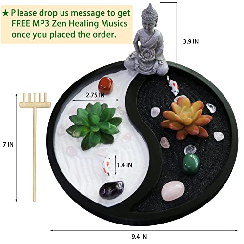 Buddha Meditation Zen Garden Kit - Home Office Tabletop Taiji Yin Yang Sand Garden Altar Zen Decor Zen Gifts DIY Mini Chakra Crystal Quartz Rock Garden w/Nature Healing Stone Rake Tool