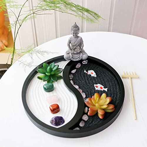 Buddha Meditation Zen Garden Kit - Home Office Tabletop Taiji Yin Yang Sand Garden Altar Zen Decor Zen Gifts DIY Mini Chakra Crystal Quartz Rock Garden w/Nature Healing Stone Rake Tool