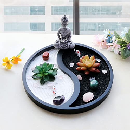 Buddha Meditation Zen Garden Kit - Home Office Tabletop Taiji Yin Yang Sand Garden Altar Zen Decor Zen Gifts DIY Mini Chakra Crystal Quartz Rock Garden w/Nature Healing Stone Rake Tool
