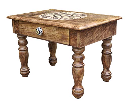 DharmaObjects Solid Mango Wood Hand Carved Puja Shrine Altar Meditation Table (Triple Moon) Large