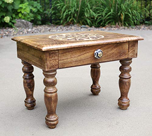 DharmaObjects Solid Mango Wood Hand Carved Puja Shrine Altar Meditation Table (Triple Moon) Large