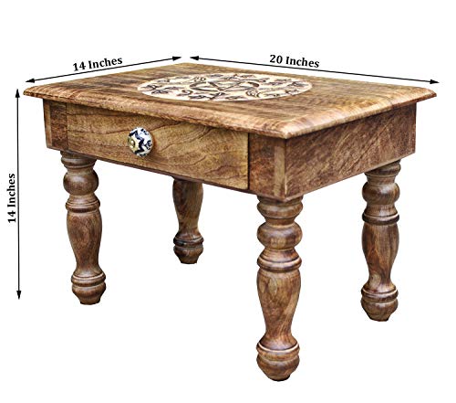 DharmaObjects Solid Mango Wood Hand Carved Puja Shrine Altar Meditation Table (Triple Moon) Large