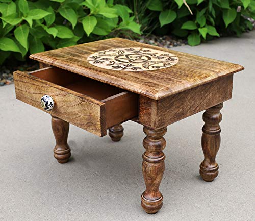 DharmaObjects Solid Mango Wood Hand Carved Puja Shrine Altar Meditation Table (Triple Moon) Large