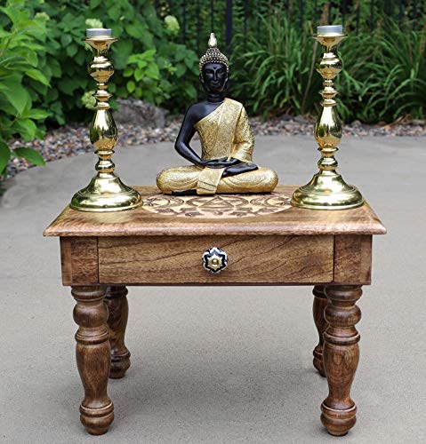 DharmaObjects Solid Mango Wood Hand Carved Puja Shrine Altar Meditation Table (Triple Moon) Large