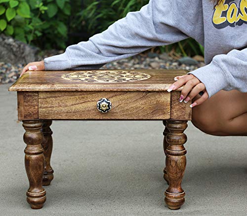DharmaObjects Solid Mango Wood Hand Carved Puja Shrine Altar Meditation Table (Triple Moon) Large