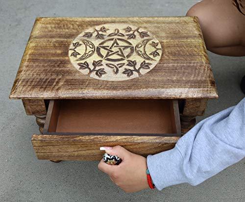 DharmaObjects Solid Mango Wood Hand Carved Puja Shrine Altar Meditation Table (Triple Moon) Large