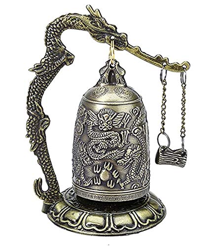 DMtse Vintage Style Bronze Lock Carved Dragon Tibet Buddhist Bell Bronze Good Luck Bell Geomantic for Meditation Altar Decoration