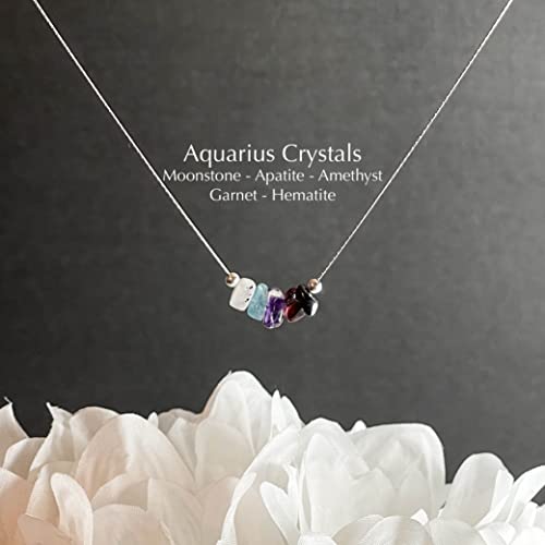 Aquarius Zodiac Necklace with Raw Crystals for Women