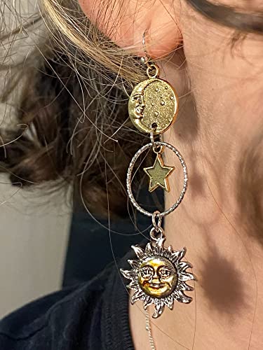 Mythology-inspired Sun, Moon, Star Dangle Earrings (Gold)