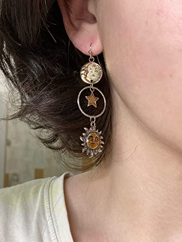 Mythology-inspired Sun, Moon, Star Dangle Earrings (Gold)