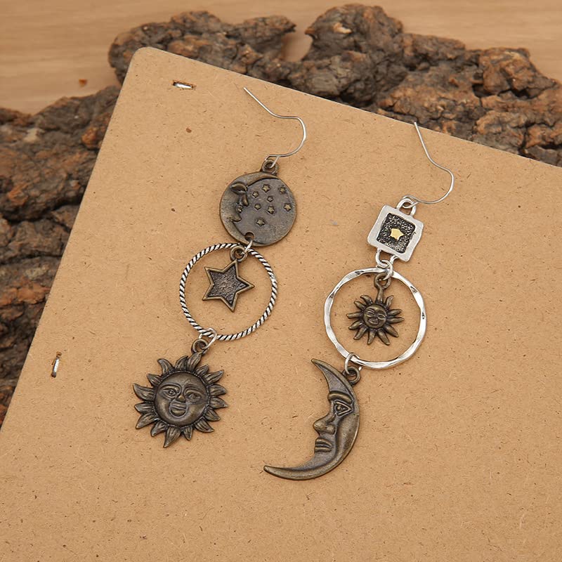Mythology-inspired Sun, Moon, Star Dangle Earrings (Gold)