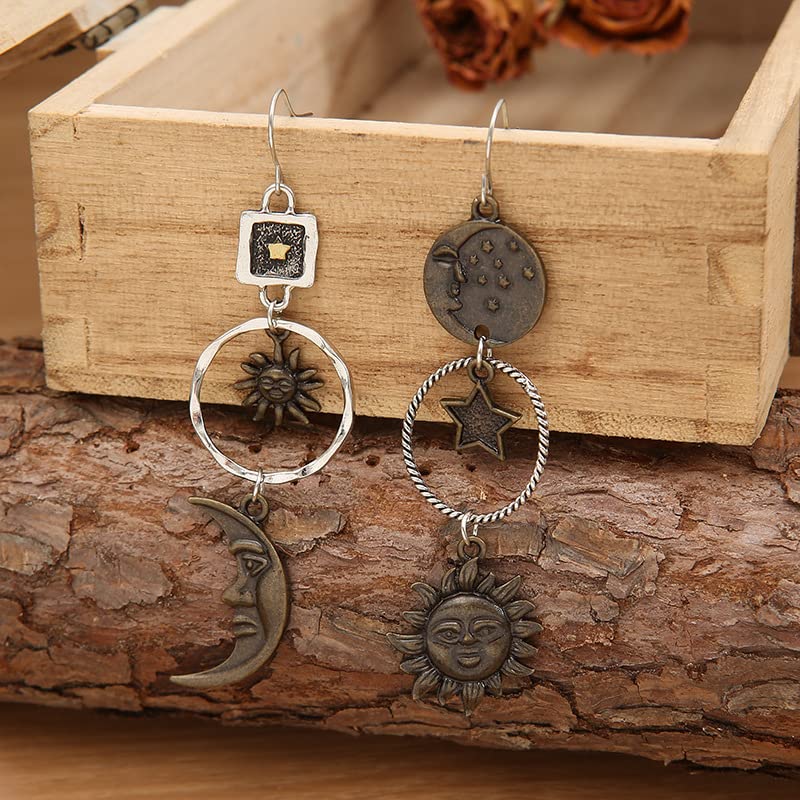 Mythology-inspired Sun, Moon, Star Dangle Earrings (Gold)