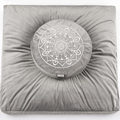 Hihealer Meditation Cushion-Traditional Tibetan Meditation Pillow with Washable Premium Velvet Cover Premium Yoga Buckwheat Bolster-Large Floor Cushion Seating for Adults,Women (Sliver Grey)