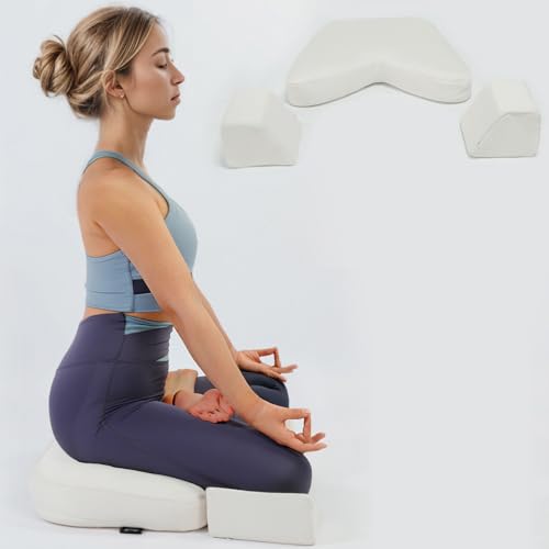 Syrinx Meditation Cushion- Comfortable Yoga Pillow, Zafu Floor Mat with 2 Knee Cushions, Buckwheat Hull Filled Crescent Shaped Cushion with Carry Bag and Recyclable Cover(White)