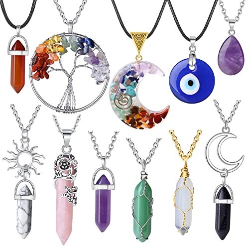 11Pcs Crystal Necklaces Set for Women - Boho Chakra Hippie Pendant