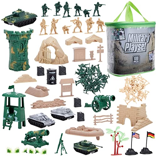 100-Pieces of Toy Army Men Action Figures for Boys in 2 Colors, War Soldiers Toys Play Set with 2 Flags and Forts, Vehicles, Barricades, and Battlefield Accessories
