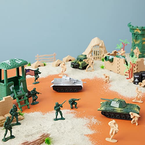 100-Pieces of Toy Army Men Action Figures for Boys in 2 Colors, War Soldiers Toys Play Set with 2 Flags and Forts, Vehicles, Barricades, and Battlefield Accessories