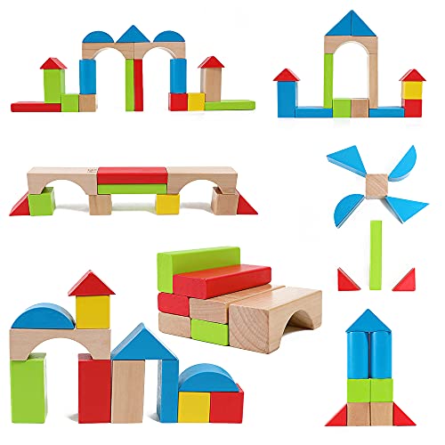 Maple Wood Kids Building Blocks by Hape | Stacking Wooden Block Educational Toy Set for Toddlers, 50 Brightly Colored Pieces in Assorted Shapes and Sizes