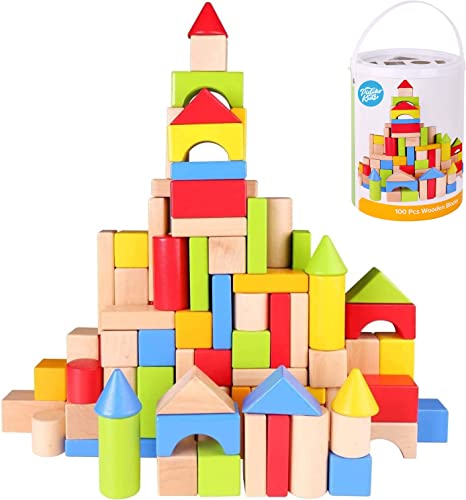 Pidoko Kids Wooden Blocks - 100 Pcs - Building Blocks for Toddlers - Includes Storage Container with Shape Sorter Top - Hardwood Plain & Colored Wood Blocks - Preschool Block Learning Toys