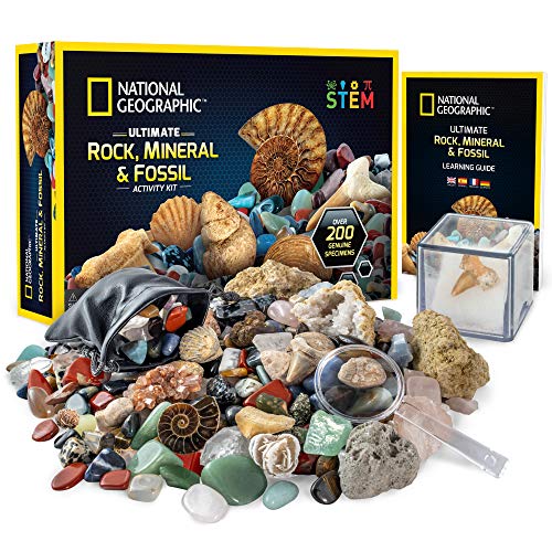 NATIONAL GEOGRAPHIC Rock Collection Box for Kids – 200+ Piece Gemstones and Crystals Set Includes Geodes and Real Fossils, Rocks and Minerals Science Kit for Kids, A Geology Gift for Boys and Girls
