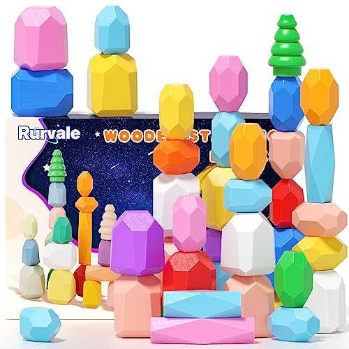 Wooden Stacking Rocks Toys, Montessori Toys for 1 2 3 year old, Stacking toys for toddlers, Sensory Educational Preschool Learning building blocks toys for Kids age 3-5, Birthday Game Gift Boys Girls