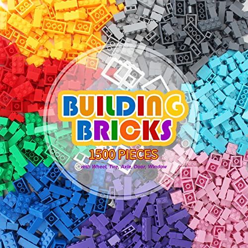 GARUNK 1500 Pcs Classic Bricks Building Toys, with Wheel, Tire, Axle, Door, Window, Storage Backpack, Building Blocks Compatible with All Major Brands Learning & Educational Toys Gift for Kids 3+ Year