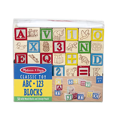 Melissa & Doug Deluxe ABC/123 1-Inch Blocks Set With Storage Pouch (50 pcs) - Letters And Numbers/ABC Classic Wooden Blocks For Toddlers And Kids Ages 2+