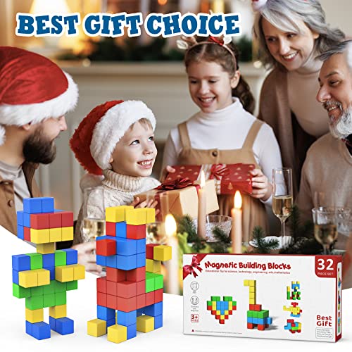 ROMDS Magnetic Blocks 32 Pieces,1 inch Large Magnetic Building Blocks for Ages 3+ Year Old Boys and Girls,3D Magnetic Cubes for Kids,Preschool STEM Educational Sensory Magnet Toys