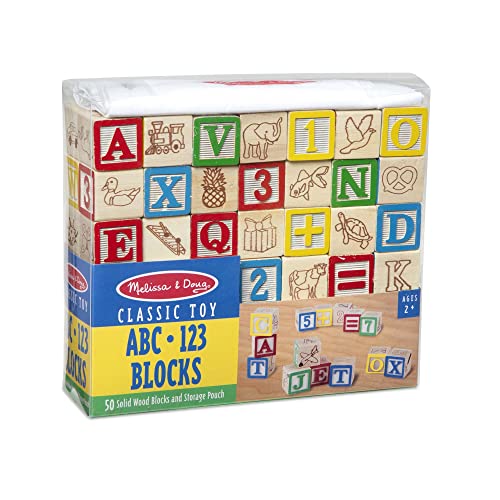 Melissa & Doug Deluxe ABC/123 1-Inch Blocks Set With Storage Pouch (50 pcs) - Letters And Numbers/ABC Classic Wooden Blocks For Toddlers And Kids Ages 2+