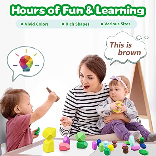 Toys for 3 Year Old Boys Girls, 36 PCS Colorful Wooden Sorting Stacking Rocks, Sensory Toys for Toddlers 3-4 Montessori Building Blocks for Kids Ages 4-8, Preschool Learning Activities for Home School