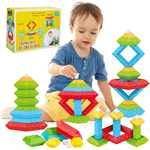 30 Pcs Montessori Toys for 1 2 3 4 5 6 Year Old Stacking Building Blocks Toddler Age 2-4 Preschool Stem Toy Kids Educational Fine Motor Classroom Easter Gift Treat Sensory Stackable Toy for Boys Girls
