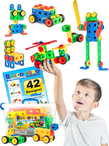 Brickyard Building Blocks STEM Toys - Educational Building Toys for Kids Ages 4-8 with 163 Pieces, Tools, Design Guide and Toy Storage Box, Gift for Boys & Girls