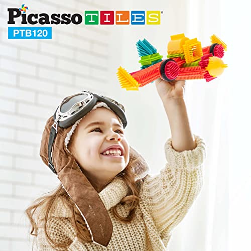 Picasso Toys PTB120 120pc Bristle Lock Tiles Toy Construction Building Blocks STEM Learning Playset Educational Kit for Child Brain Development Preschool Kindergarten Kids Boy Girl Children Age 3+
