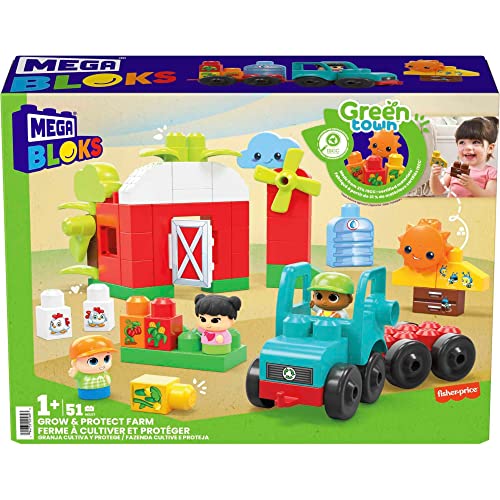 MEGA BLOKS Fisher-Price Toddler Building Blocks, Green Town Grow & Protect Farm With 51 Pieces, 3 Figures, Kids Age 1+ Years