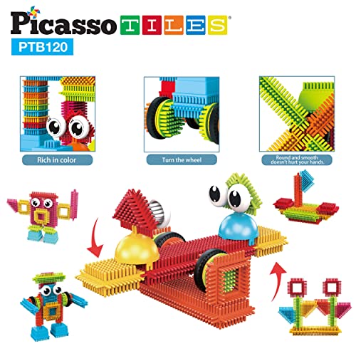 Picasso Toys PTB120 120pc Bristle Lock Tiles Toy Construction Building Blocks STEM Learning Playset Educational Kit for Child Brain Development Preschool Kindergarten Kids Boy Girl Children Age 3+