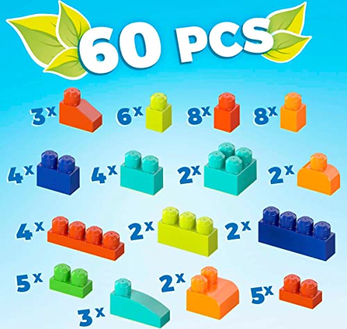 MEGA BLOKS Fisher Price Toddler Block Toys, Build N Play Bag with 60 Pieces and Storage Bag, Gift Ideas for Kids Age 1+ Years