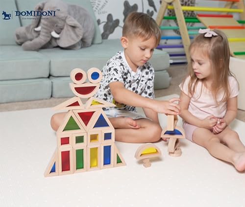 DomiDoni Wood Building Blocks Set - Montessori Toys Wooden Stacking Blocks for Toddlers Baby Boys and Girls - Preschool Shape Sorting and Stacking Wooden Toys Gifts for Kids