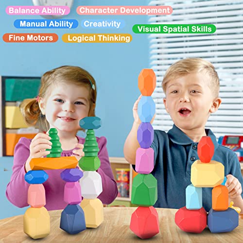 Wooden Stacking Rocks Toys, Montessori Toys for 1 2 3 year old, Stacking toys for toddlers, Sensory Educational Preschool Learning building blocks toys for Kids age 3-5, Birthday Game Gift Boys Girls
