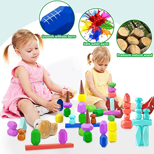 Toys for 3 Year Old Boys Girls, 36 PCS Colorful Wooden Sorting Stacking Rocks, Sensory Toys for Toddlers 3-4 Montessori Building Blocks for Kids Ages 4-8, Preschool Learning Activities for Home School