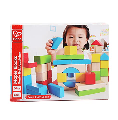 Maple Wood Kids Building Blocks by Hape | Stacking Wooden Block Educational Toy Set for Toddlers, 50 Brightly Colored Pieces in Assorted Shapes and Sizes