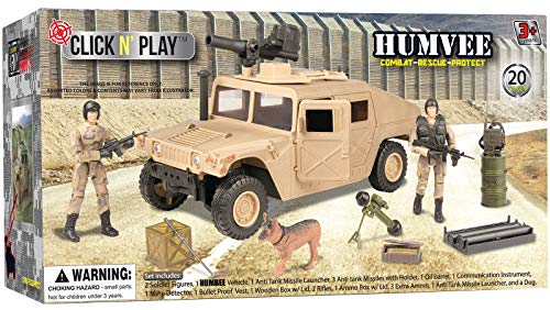 Click N' Play Military 20 Piece Play Set with Humvee Vehicle, Includes 2 Soldier Action Figures, Missile Launchers, Rifles, and More, Army Playset for Boys 6+