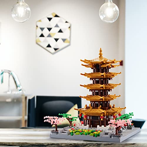 RuiChuangKeJi Micro Building Blocks for Adults - Yellow Crane Tower with Sakura Tree Cherry Plants, a Chinese Ancient Famous Architecture and Collection DIY Toys Gift Set for Kids (2200 pcs )