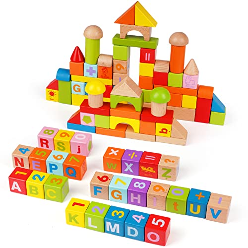 100Pcs Wooden Building Blocks Set- Wood Stacker Stacking Blocks Game Toys for Toddlers , Multiple Shapes, Numbers Blocks and ABC Alphabets Blocks- Baby Wooden Blocks for Kids Learning and Playing