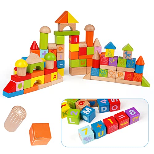 100Pcs Wooden Building Blocks Set- Wood Stacker Stacking Blocks Game Toys for Toddlers , Multiple Shapes, Numbers Blocks and ABC Alphabets Blocks- Baby Wooden Blocks for Kids Learning and Playing