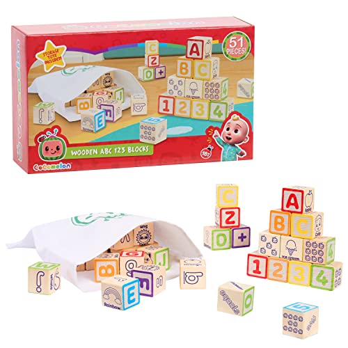 CoComelon 51-piece Classic ABC Wooden Block Set, Preschool Building Toys, Learning and Education, Officially Licensed Kids Toys for Ages 18 Month, Gifts and Presents, Amazon Exclusive